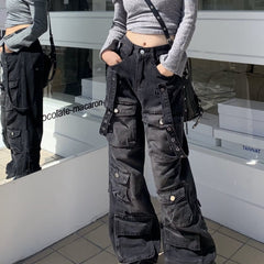 Voguable skater boy outfits High Street Heavy Industry American Multi-Pocket Workwear Jeans Spring and Autumn New Retro Loose Straight Pants Fashion voguable