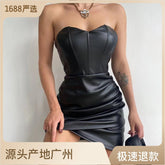 European and American style women's clothing autumn and winter new fashion design tube top sexy hip PU dress female nightclub outfit female