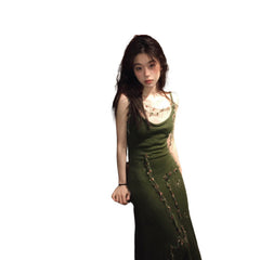 Voguable outfit inspo Spring and Autumn Retro Green Knitted Sling Dress Women's Hot Girl Style Tight Waist Outer Wear Ripped Sheath Long Skirt voguable