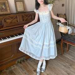 Voguable pop culture dress to impress Summer New French Retro Fairy Small Flying Sleeve Lace Bow Blue One-Piece Dress for Women voguable
