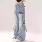 Voguable 2000s fashion New Blue Pattern Cheese Hot Girl Blue Light Color Gradient Multi-Pocket Workwear Jeans Women's Trousers voguable