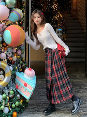 Voguable grunge outfits Retro Scottish Plaid Skirt Women's Long High Waist A- line Hip Skirt Slimming Draping Pleated Skirt voguable