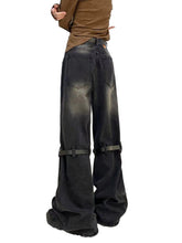 Voguable grunge dti American-Style Retro Black Stitching Ripped Jeans Women's High Street Loose Straight Wide-Leg Mopping Pants voguable