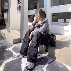 Voguable skater boy outfits High Street Heavy Industry American Multi-Pocket Workwear Jeans Spring and Autumn New Retro Loose Straight Pants Fashion voguable