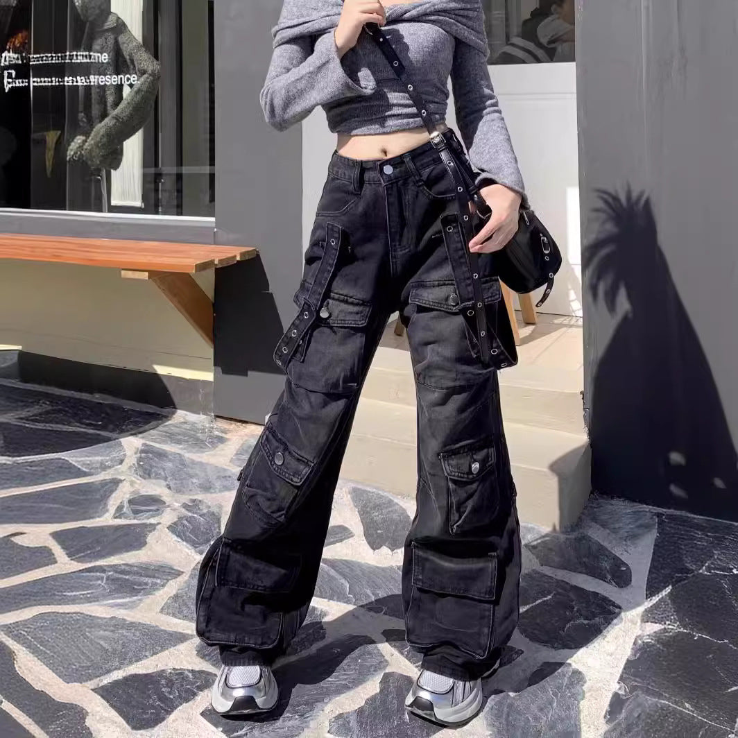 Voguable skater boy outfits High Street Heavy Industry American Multi-Pocket Workwear Jeans Spring and Autumn New Retro Loose Straight Pants Fashion voguable