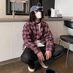 Voguable men fall outfits American Autumn and Winter New Brushed Thickened All-Match Long-Sleeved Shirt Men's Plaid Casual Retro Couple voguable