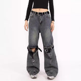 Voguable grunge dti Spring Blue Ripped Skinny Jeans Men's and Women's American-Style Retro Belt Stitching Straight Wide-Leg Trousers voguable