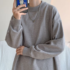 Voguable mens fashion Spring and Autumn New Pure Color Sweater Men's Fresh round Neck Basic Long Sleeve Youth Casual Drop Shoulder Bottoming Shirt voguable