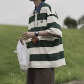 Voguable masc outfits American Retro Design Striped Top Men's and Women's Summer Loose All-Match College Style Couple Polo Shirt Short Sleeve Fashion voguable