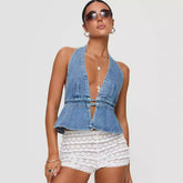 Voguable cowgirl outfits New Fashion Sexy Washed Denim Backless Halter Lace-up Sexy Hot Girl Denim Top voguable