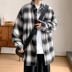 Voguable black men fashion urban Spring and Autumn Flannel Cotton Plaid Long-Sleeved Shirt Men's Japanese Wear Loose plus Size All-Match Top Coat voguable