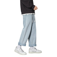 Voguable black men fashion urban Clean and Comfortable Trendy Season Men's New Jeans Loose Straight Casual Youth Hong Kong Style Cropped Pants All-Matching voguable