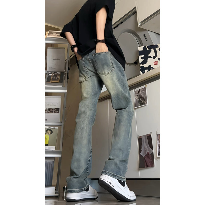 Voguable masc outfits Retro Blue Narrow Slim Jeans Men's Summer Vintage Washed American Pants High Waist Slimming Flared Pants voguable