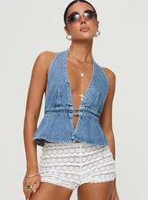 Voguable cowgirl outfits New Fashion Sexy Washed Denim Backless Halter Lace-up Sexy Hot Girl Denim Top voguable