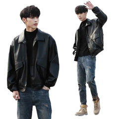 Voguable bomber jacket Korean Style Trendy Loose Leather Jacket Men's Short Motorcycle Clothing Student Pilot Leather Jacket Spring and Autumn plus Size Coat voguable