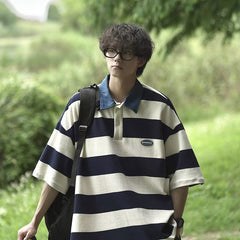 Voguable masc outfits American Retro Design Striped Top Men's and Women's Summer Loose All-Match College Style Couple Polo Shirt Short Sleeve Fashion voguable