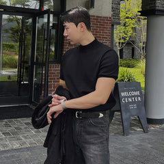 Voguable black men fashion urban Black Half Turtleneck Pullover Knitted T-shirt Men's American-Style Men's Short-Sleeved Sweater Trendy Slim Bottoming Half-Sleeved Shirt voguable