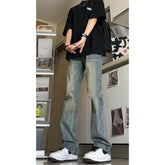 Voguable masc outfits Retro Blue Narrow Slim Jeans Men's Summer Vintage Washed American Pants High Waist Slimming Flared Pants voguable