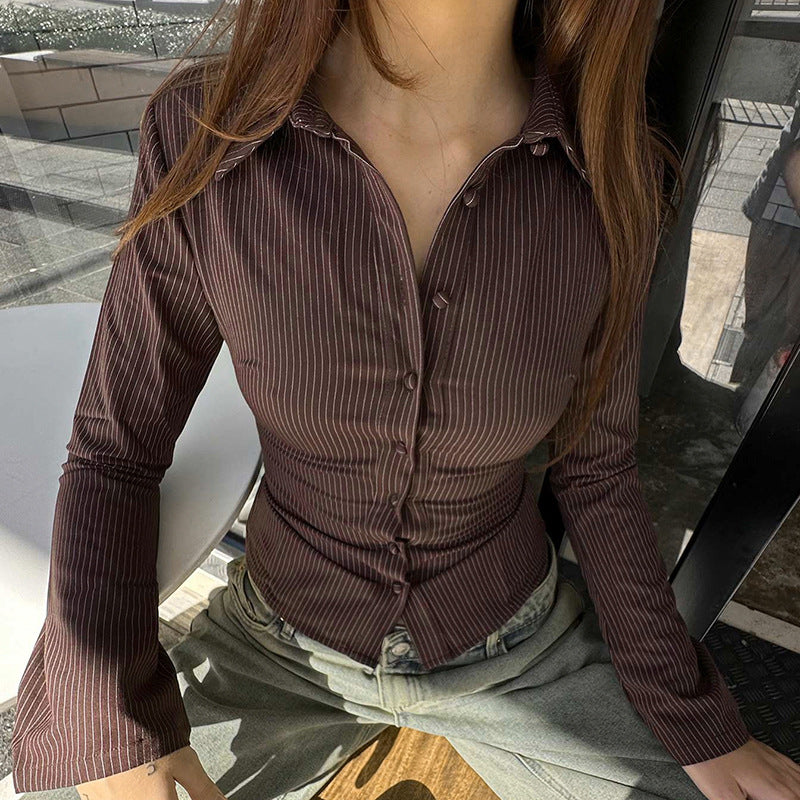 Voguable outfit inspo Elegant Commuter Style Lapel Bell Sleeve Striped Shirt Women's Bag Buckle Cardigan Slim Waist Tight Top New voguable