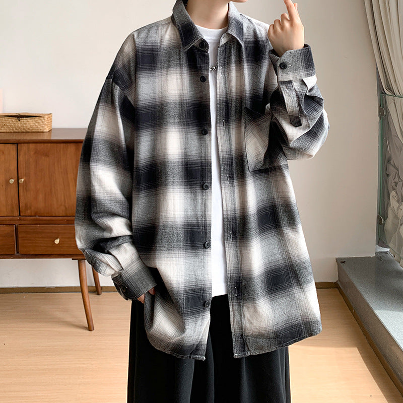 Voguable black men fashion urban Spring and Autumn Flannel Cotton Plaid Long-Sleeved Shirt Men's Japanese Wear Loose plus Size All-Match Top Coat voguable