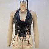 women's clothing Fashion PU leather halter neck sexy strap tight waist vest women's clothing