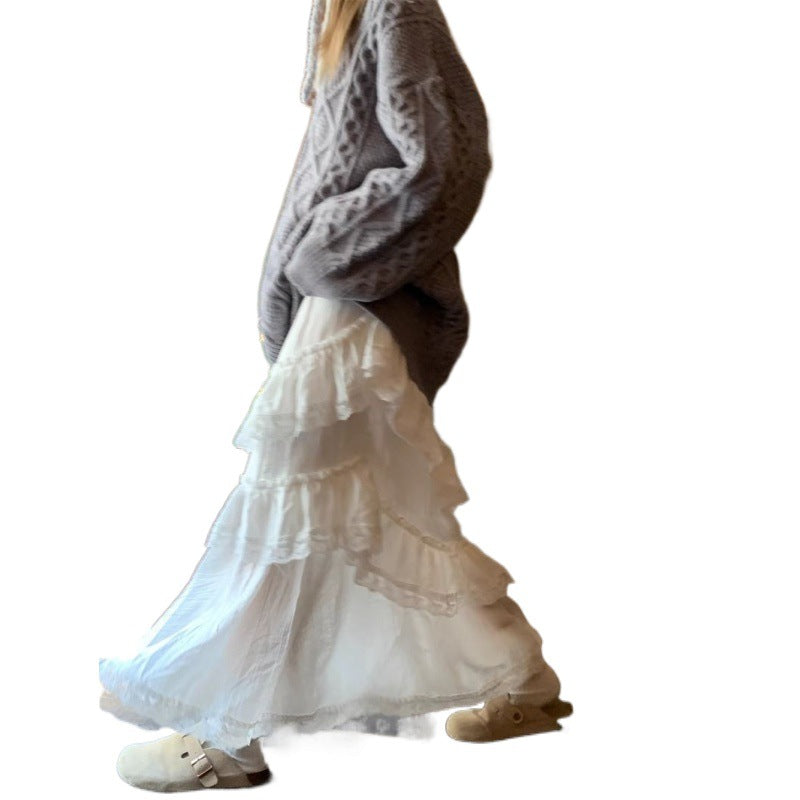 Voguable outfit inspo Sweet White Lace Stitching Skirt for Women Spring New Fashion Niche Chic Long Skirt voguable