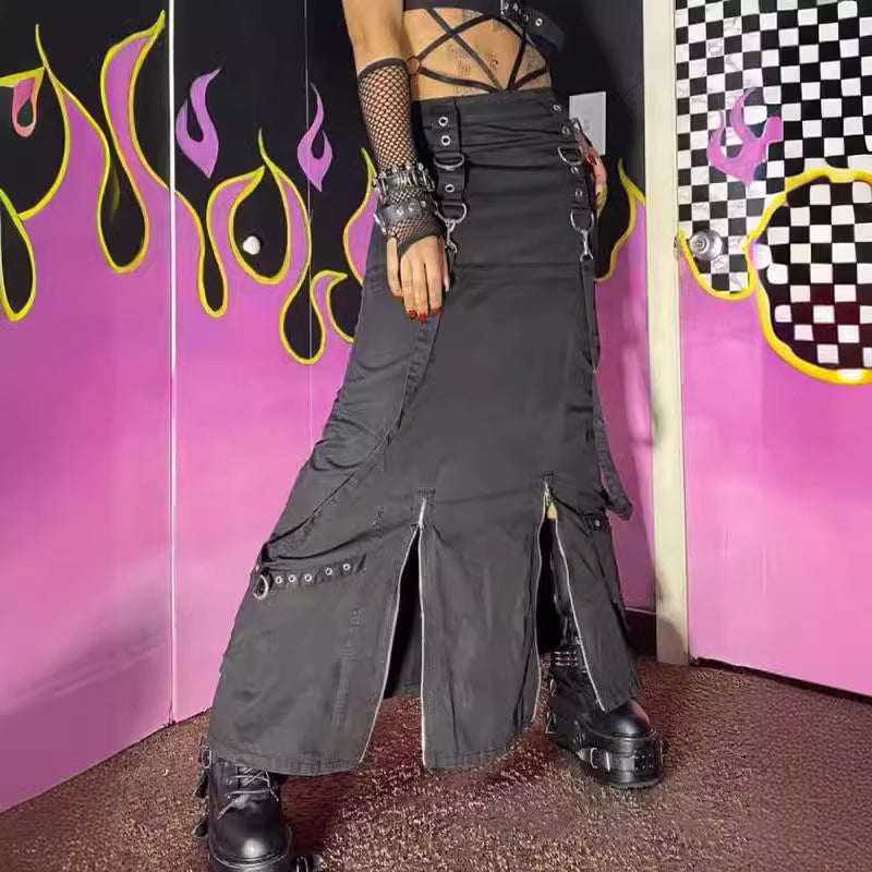 Voguable 2000s fashion Autumn New Women's Clothing Street Hipster Workwear Style Zipper Slit High Waist Mid-Length Skirt voguable