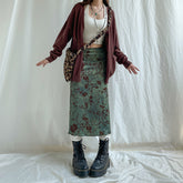 Voguable 90s fashion Chinese Style Artistic Retro Printed Straight Midi Skirt High Waist Lake Green Girl White All-Match Elegant Skirt voguable