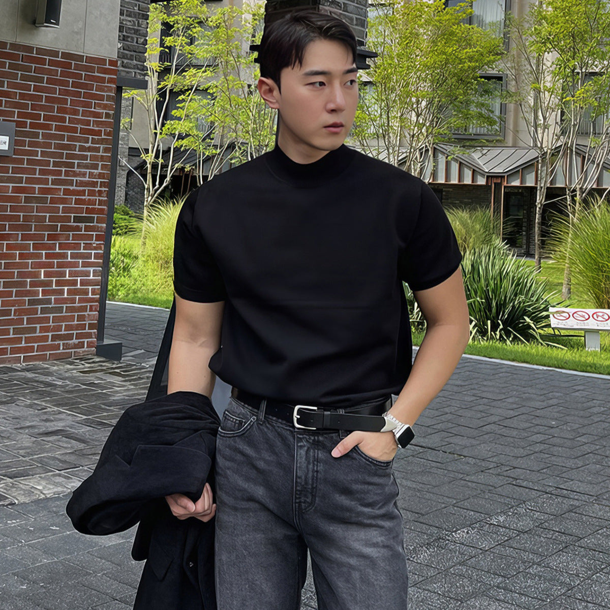 Voguable black men fashion urban Black Half Turtleneck Pullover Knitted T-shirt Men's American-Style Men's Short-Sleeved Sweater Trendy Slim Bottoming Half-Sleeved Shirt voguable