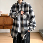 Voguable black men fashion urban Spring and Autumn Flannel Cotton Plaid Long-Sleeved Shirt Men's Japanese Wear Loose plus Size All-Match Top Coat voguable