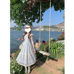 Voguable pop culture dress to impress Summer New French Retro Fairy Small Flying Sleeve Lace Bow Blue One-Piece Dress for Women voguable