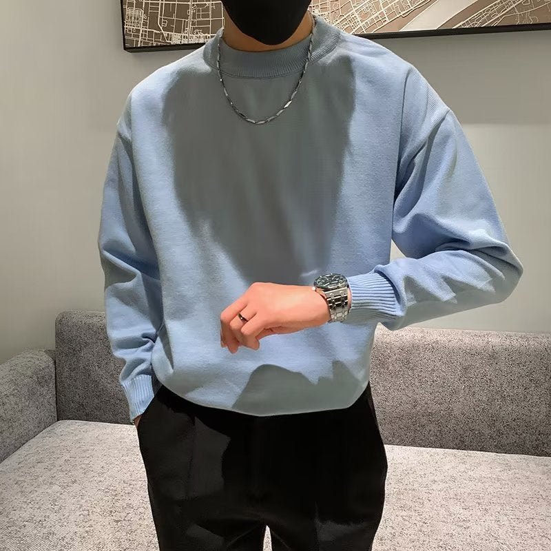 Voguable mens fashion Spring and Autumn New Pure Color Sweater Men's Fresh round Neck Basic Long Sleeve Youth Casual Drop Shoulder Bottoming Shirt voguable