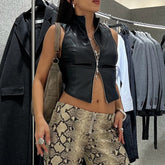 European and American style autumn new cross-border women's fashion stand-up collar sexy backless slim navel-exposed PU small vest for women