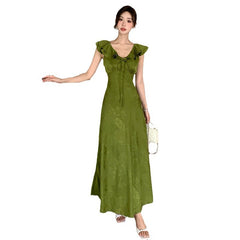 Voguable masquerade dress to impress High Quality Summer New Elegant Lady V-neck Sleeveless Lace-up Ruffled Collar Dress Women's Waist Slimming A- line Skirt voguable