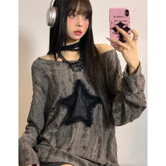 Voguable grunge dti Japanese Style Drawstring Gray Functional Style Hot Girl T-shirt Autumn Women's Top Star Ripped Loose Long Sleeve Bottoming Shirt Trendy voguable