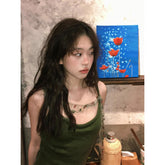 Voguable outfit inspo Spring and Autumn Retro Green Knitted Sling Dress Women's Hot Girl Style Tight Waist Outer Wear Ripped Sheath Long Skirt voguable