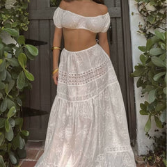 Voguable dti outfits French Style Suit Women's New off-Neck Lace Short Top + High Waist Lace-up Stitching Dress voguable