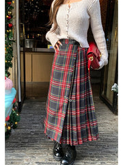 Voguable grunge outfits Retro Scottish Plaid Skirt Women's Long High Waist A- line Hip Skirt Slimming Draping Pleated Skirt voguable