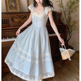Voguable pop culture dress to impress Summer New French Retro Fairy Small Flying Sleeve Lace Bow Blue One-Piece Dress for Women voguable