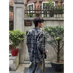 Voguable skater boy outfits American High Street Retro Niche Tie-Dyed Plaid Destroyed Frayed Shirt Shirt Men's Loose Autumn Long Sleeve Coat Fashion voguable