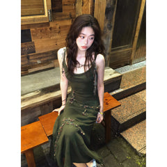 Voguable outfit inspo Spring and Autumn Retro Green Knitted Sling Dress Women's Hot Girl Style Tight Waist Outer Wear Ripped Sheath Long Skirt voguable