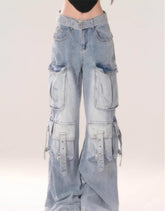 Voguable 2000s fashion New Blue Pattern Cheese Hot Girl Blue Light Color Gradient Multi-Pocket Workwear Jeans Women's Trousers voguable