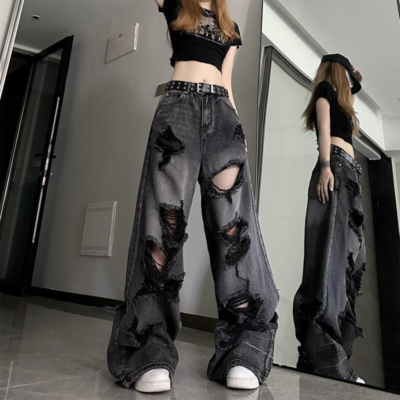 Voguable grunge dti American High Street Ripped Jeans Men's and Women's Summer Loose Slimming Versatile Wide-Leg Trousers Washed Distressed Pants voguable
