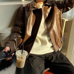 Voguable 90s fashion men Retro Youth Short Leather Jacket Men's Loose Pu Shuai Motorcycle Clothing Light Luxury Pilot Leather Jacket Trendy voguable