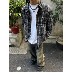 Voguable skater boy outfits American High Street Retro Niche Tie-Dyed Plaid Destroyed Frayed Shirt Shirt Men's Loose Autumn Long Sleeve Coat Fashion voguable