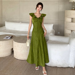 Voguable masquerade dress to impress High Quality Summer New Elegant Lady V-neck Sleeveless Lace-up Ruffled Collar Dress Women's Waist Slimming A- line Skirt voguable