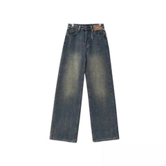 Voguable 90s streetwear Summer New Retro Washed Distressed Straight Jeans Women's High Waist Loose All-Match Wide-Leg Mopping Pants voguable