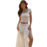 Patchwork 2-Piece Set Jacquard Women Lace Bandage Mini t-Shirt+High Slits Skinny Skirt Elasticated Waist Matching Suits voguable