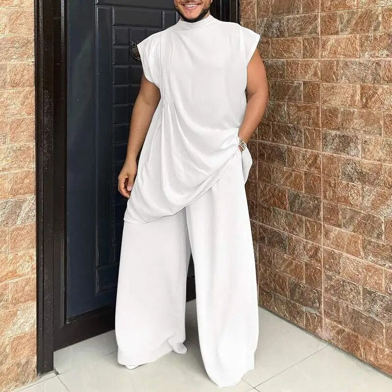Men Sets Muslim Clothing 2023 O-neck Short Sleeve T Shirt & Wide Leg Pants Two Pieces Solid Baggy Men Casual Suits 7 voguable