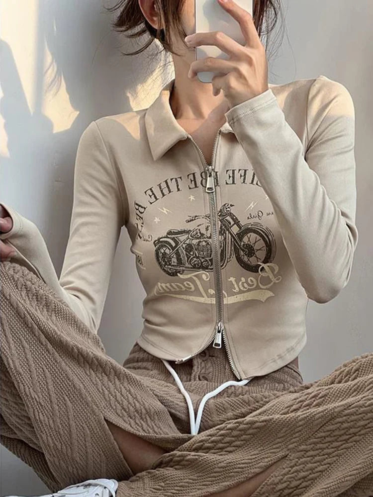 Voguable Streetwear Sexy Crop Moto T Shirts Women Vintage Slim Back Lace Up Tops American Harajuku Letter Double Zipper Spring Tees voguable